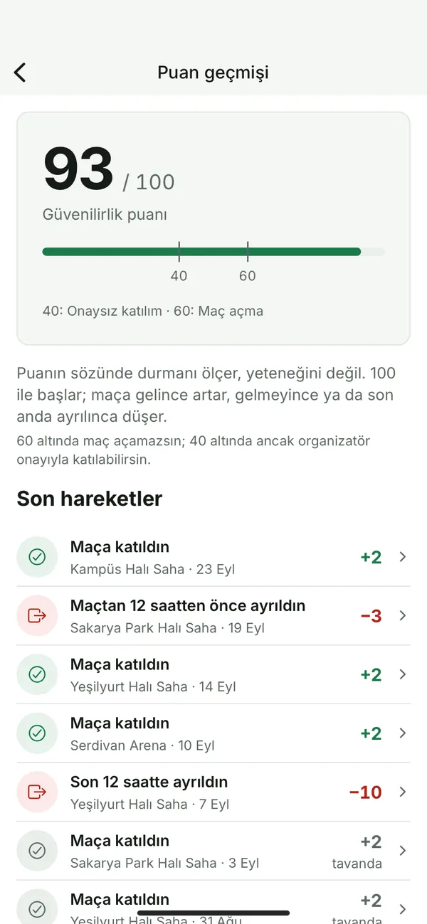 Puan geçmişi ekranı: 100 üzerinden 93 güvenilirlik puanı ve son puan değişimleri.