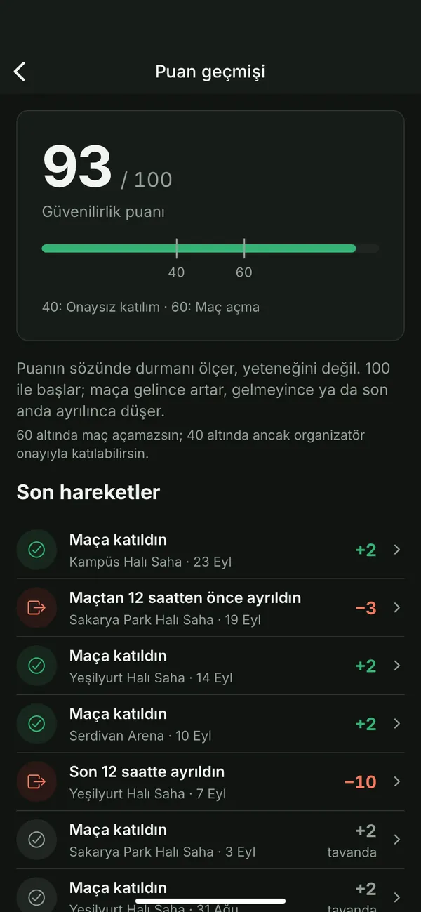 Puan geçmişi ekranı: 100 üzerinden 93 güvenilirlik puanı ve son puan değişimleri.