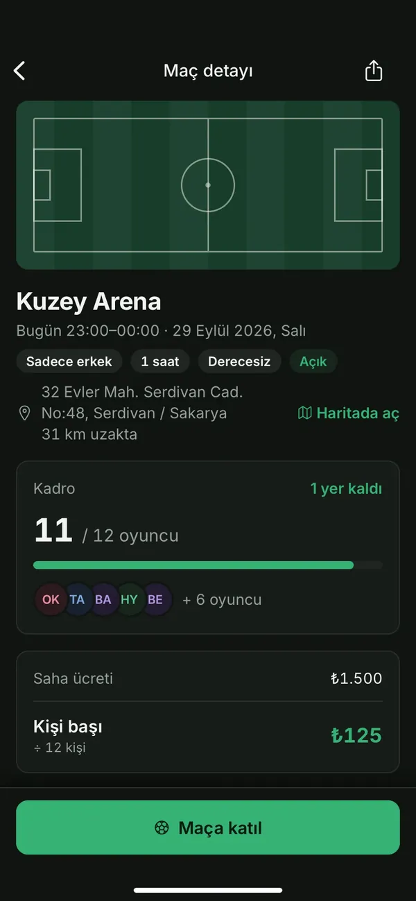 Maç detayı ekranı: Kuzey Arena, bugün 23:00, kadro 11/12, kişi başı 125 lira ve Maça katıl düğmesi.