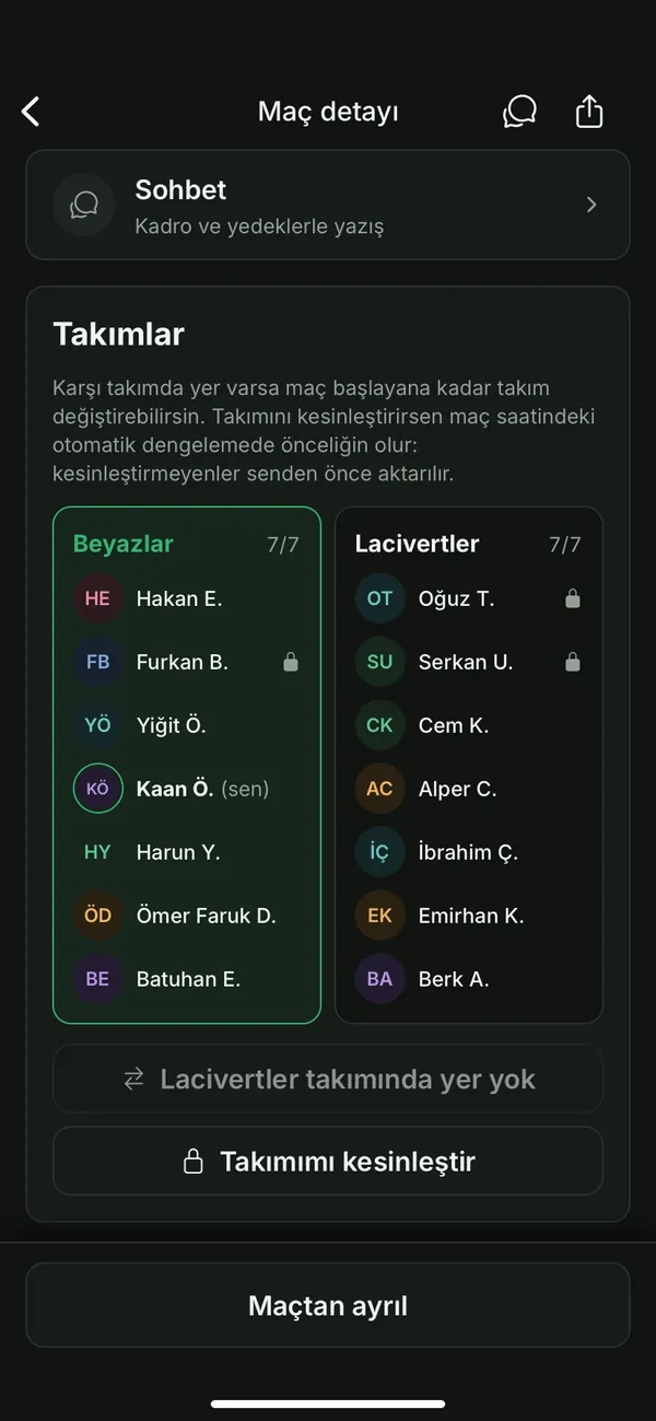 Takımlar kartı: Beyazlar ve Lacivertler yedişer oyuncuyla; takımını kesinleştirenlerin yanında kilit simgesi ve “Takımımı kesinleştir” düğmesi.