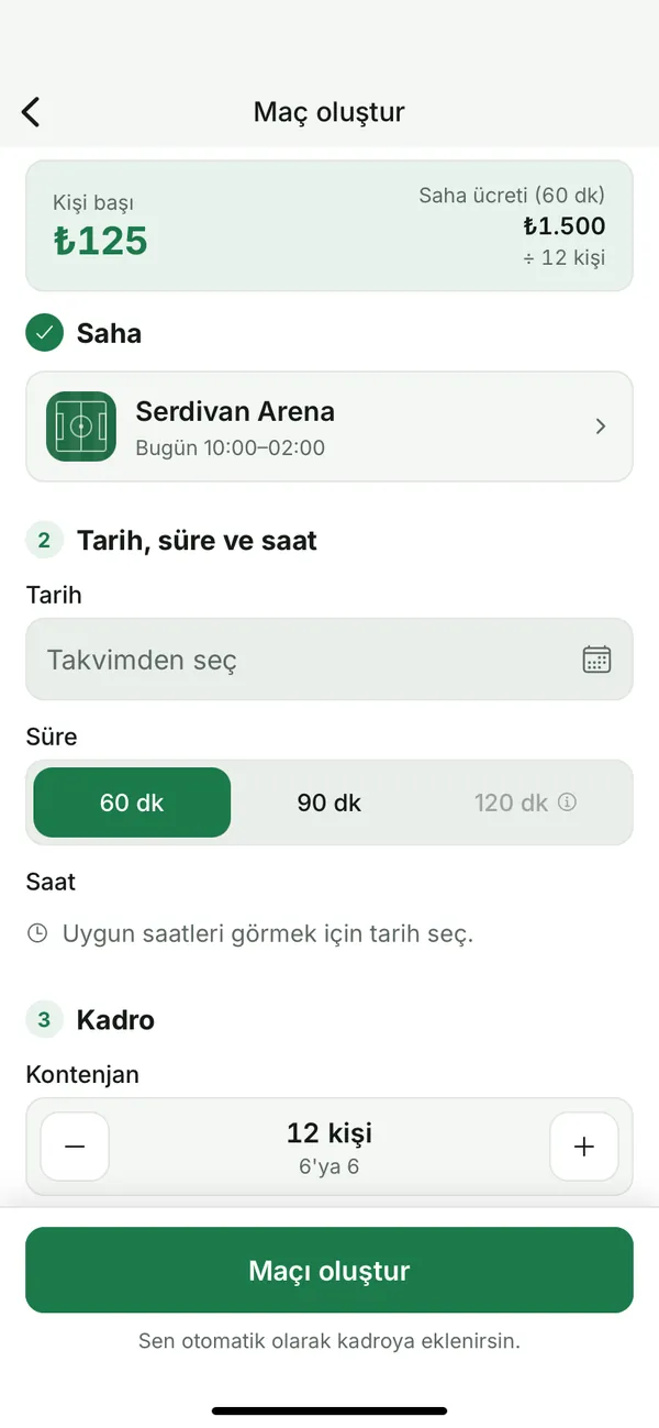 Maç oluştur ekranı: 1.500 liralık saha ücreti 12 kişiye bölünerek kişi başı 125 lira hesaplanmış.