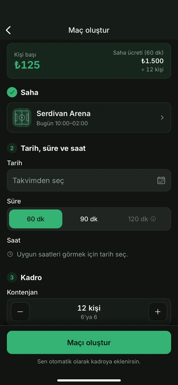 Maç oluştur ekranı: 1.500 liralık saha ücreti 12 kişiye bölünerek kişi başı 125 lira hesaplanmış.